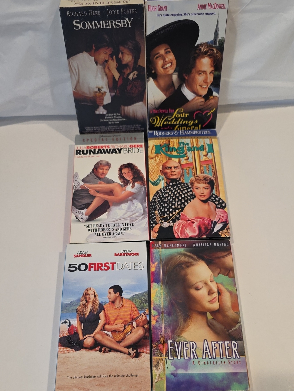 6 VHS Movies Sommersby,The Kingand I, Runnaway Bride,50 First Dates,Four Wedding